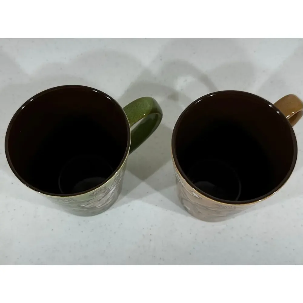 Floral Coffee Mugs Set of 2 Ceramic Earth Tones‎ MCM Gold Green